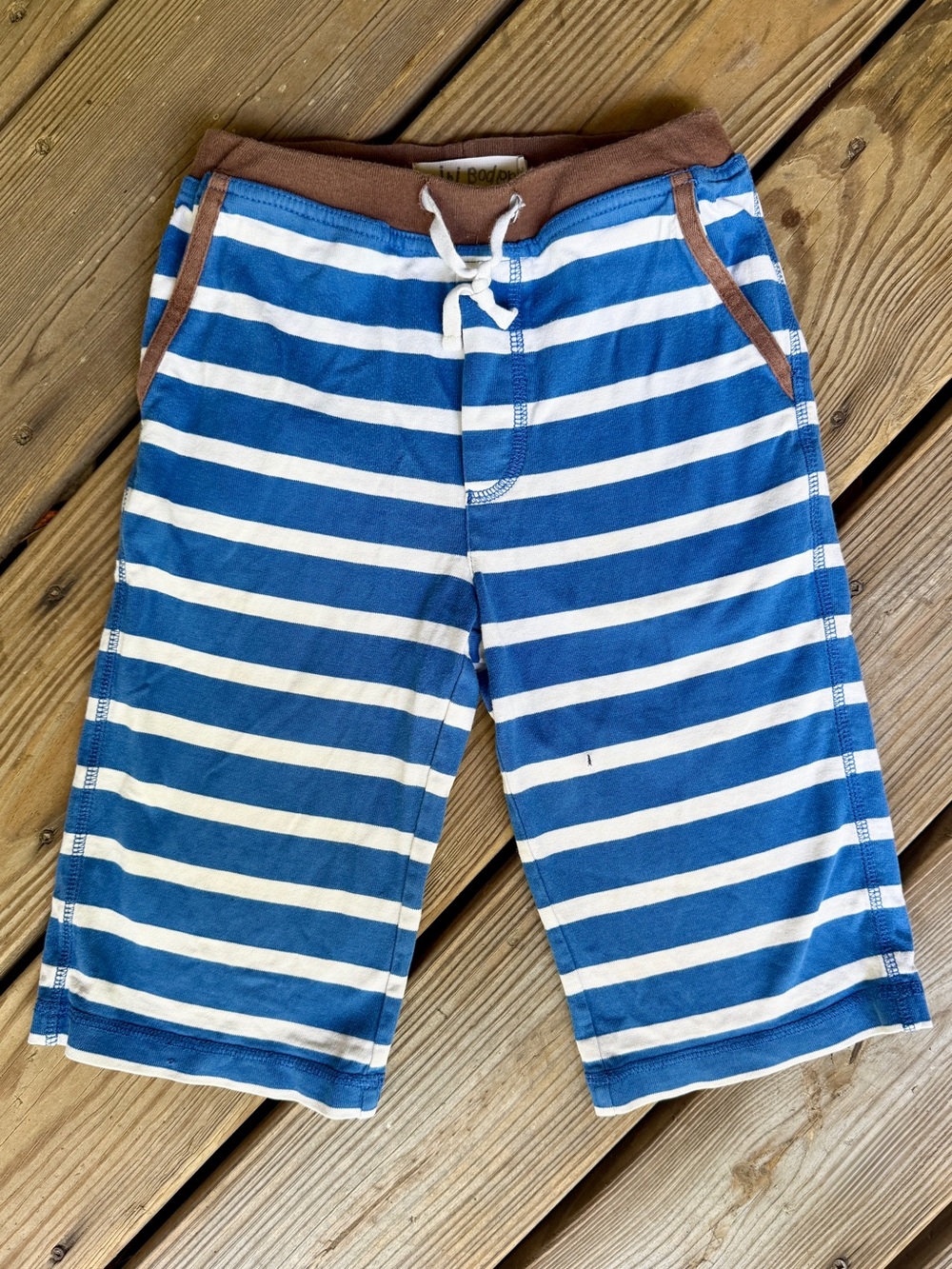 Mini Boden Boys Blue Striped Long Baggies Shorts Knit Pull On Size 7Y 7